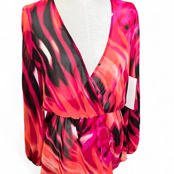 NWT's boston proper pink orange and black sheer slit sleeve blouse - Picture 5 of 8